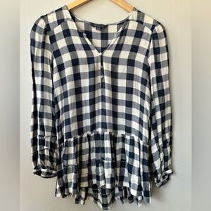 American Eagle Navy Blue and White Plaid Blouse with Tiered Ruffle Bottom